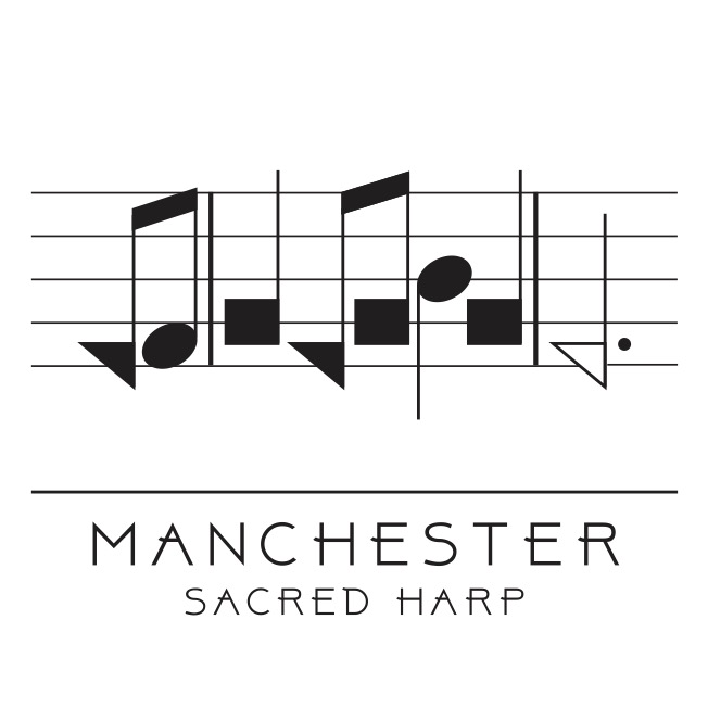 Manchester Sacred Harp logo showing our name and a snippet of shape note music from the Sacred Harp song called 'Manchester'