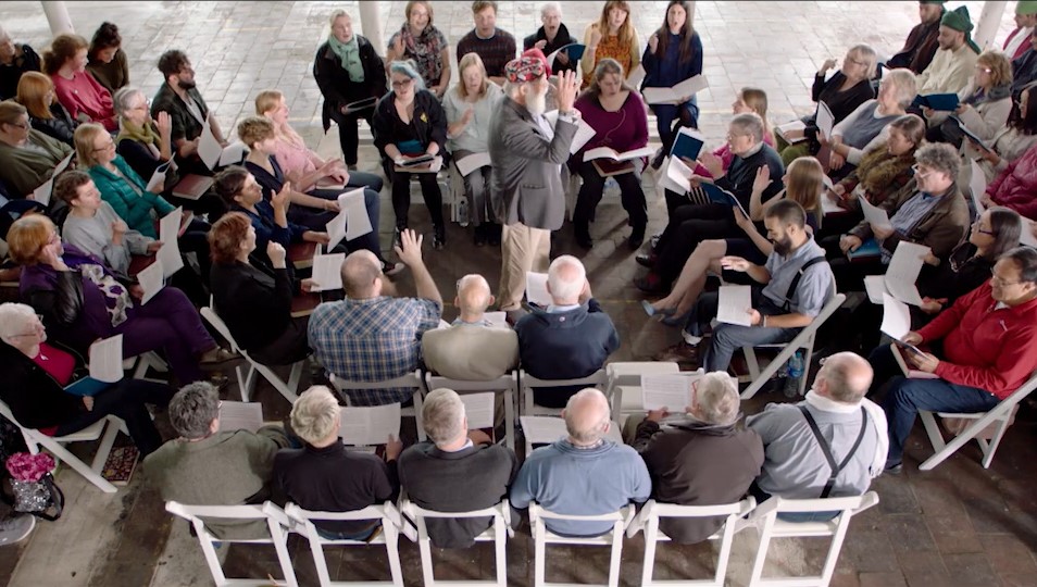 September 2017 - singing in the square, led by Ron Pen, at Brierfield Mill, part of Suzanne Lacy's The Circle and the Square/Shapes of Water, Sounds of Hope, filmed by Super Slow Way