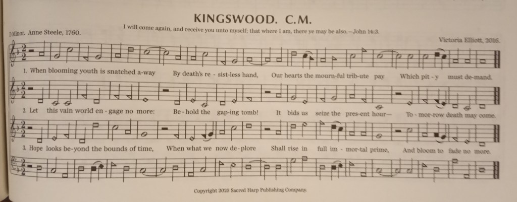 The shape-notes and words of Vicki's song, Kingswood, as it appears in the 2025 edition of The Sacred Harp