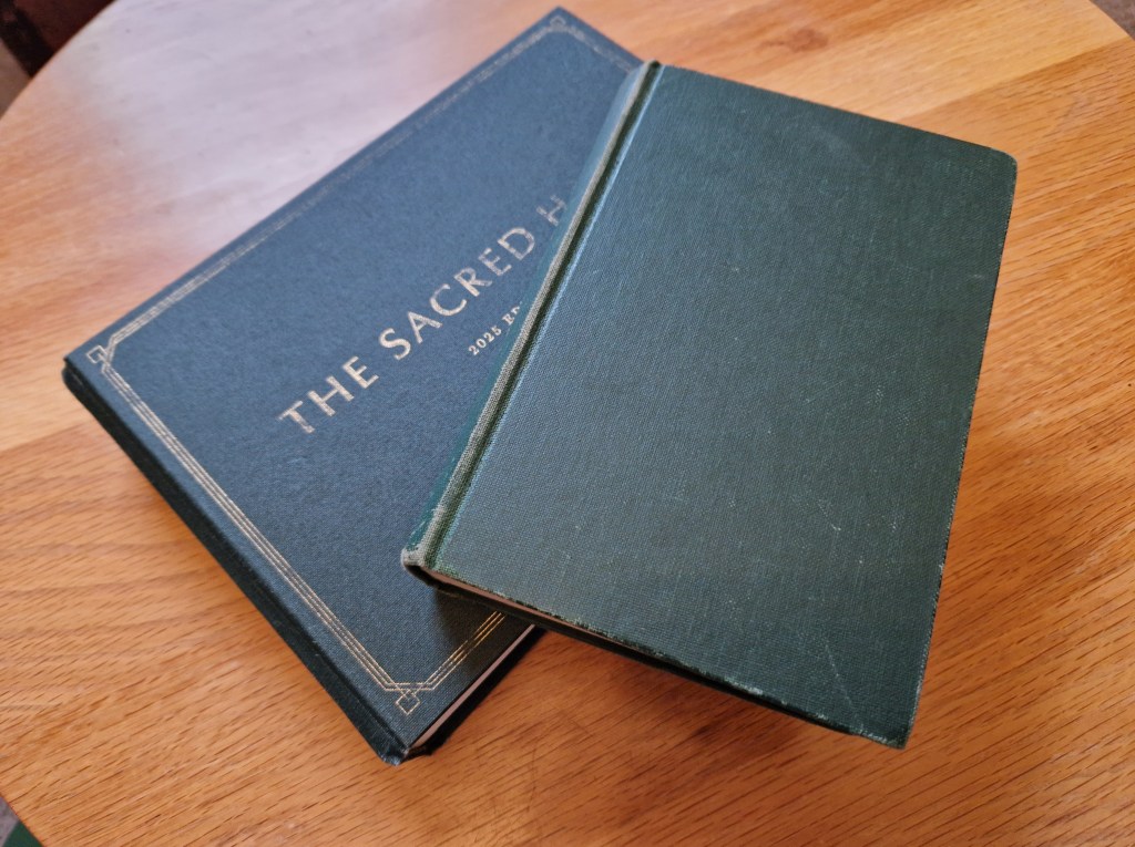 Two green song books - The Sacred Harp 2025 Edition, containg 259 Easton, and a battered copy of Sacred Songs & Solos, compiled by Ira D. Sankey, the source of Fanny J. Crosby's Lift up Thine Eyes, O Watchman!