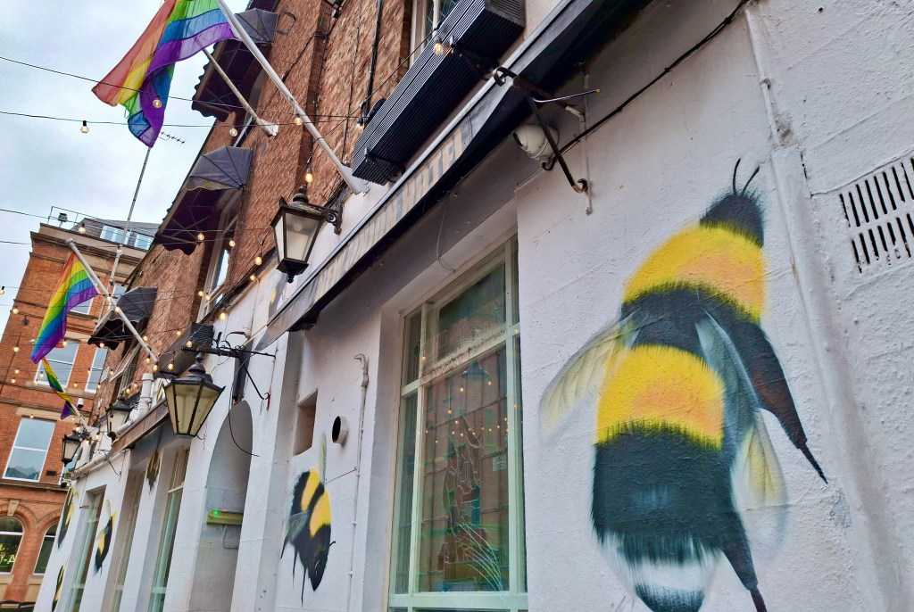 Close up view of the New Union pub, painted pale grey on the lower half, and red brick on the upper half. There is a large bumblebee painted on either side of the downstairs window. There are two rainbow flags flying from the upper storey of the pub. 
