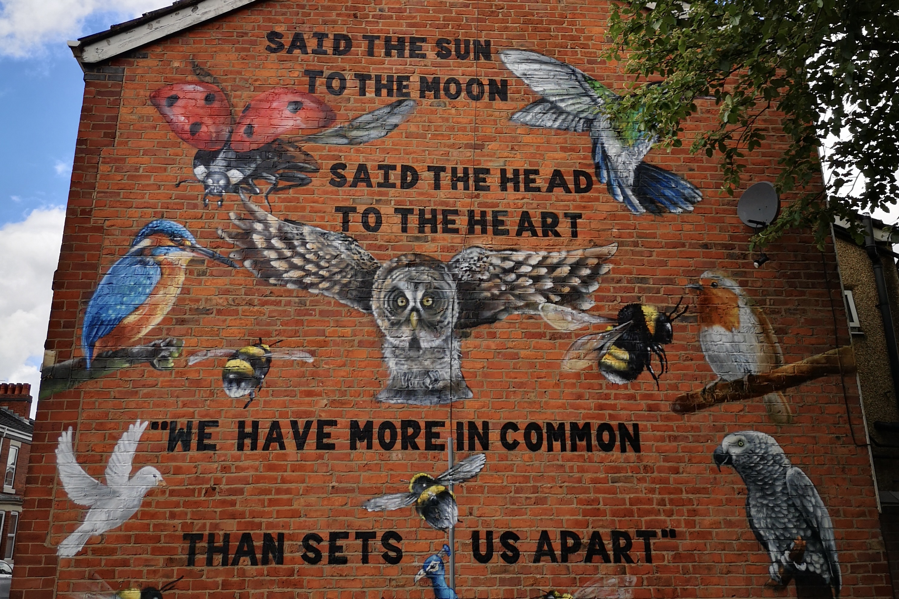 The end wall of a red brick house on which a huge mural is painted. Painted nature details - an owl, a bee, a kingfisher, a dove -intersperse a line of poetry by Lemn Sissay which reads "Said the sun to the moon, said the head to the heart, we have more in common than sets us apart". 